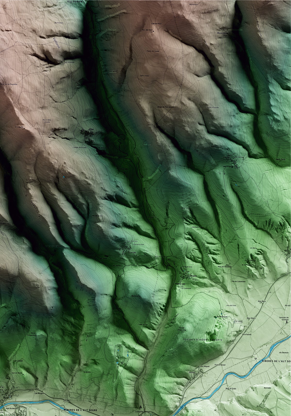 Mapa artístico del relieve de Bellver de Cerdanya, a la Cerdanya, con 15 km de entorno y base topográfica ICGC. Detalle de la zona superior derecha.