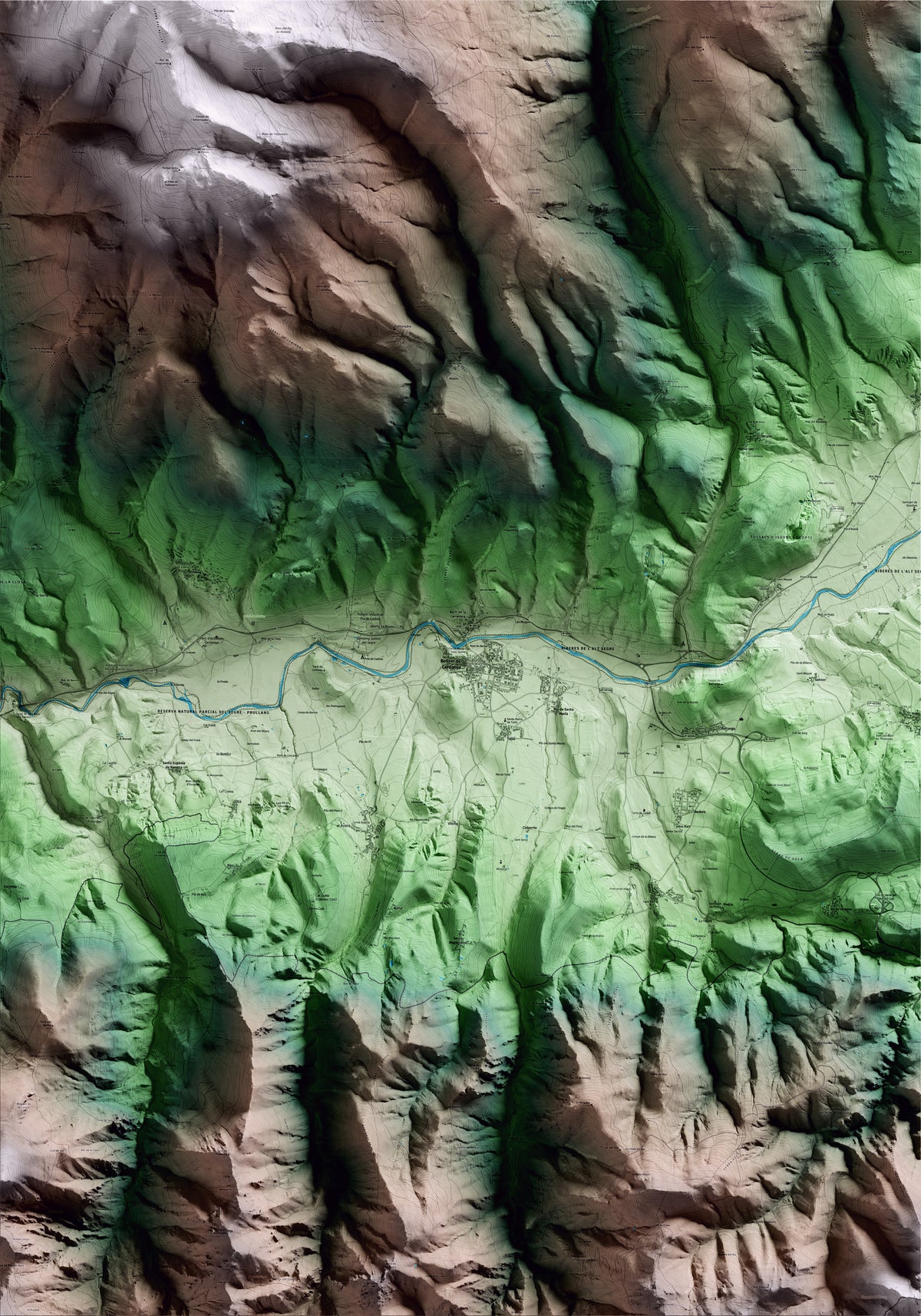 Mapa artístico del relieve de Bellver de Cerdanya, a la Cerdanya, con 15 km de entorno y base topográfica ICGC
