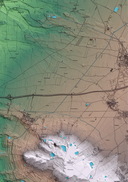 Mapa artístico del relieve de Bellvís, en el Pla d'Urgell, con 15 km de entorno y base topográfica ICGC. Detalle de la zona inferior derecha.
