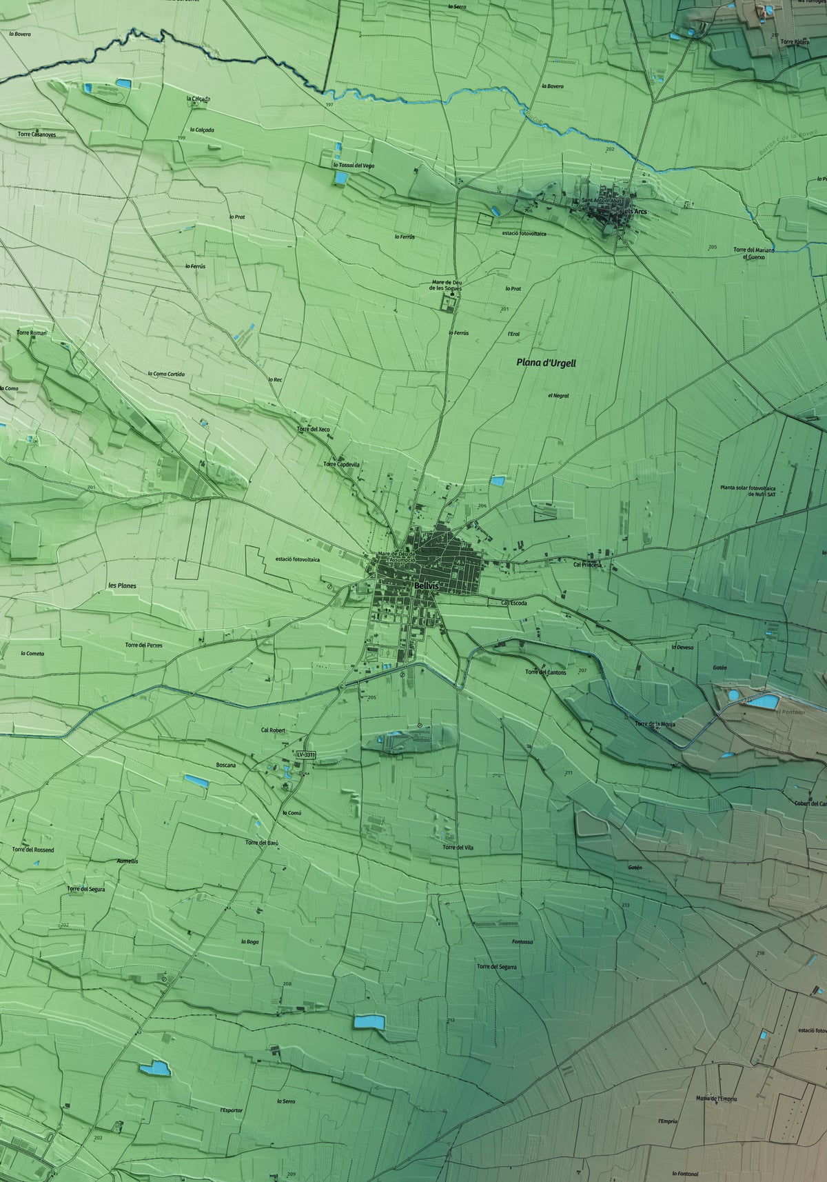 Mapa artístico del relieve de Bellvís, en el Pla d'Urgell, con 15 km de entorno y base topográfica ICGC. Detalle de la zona central.