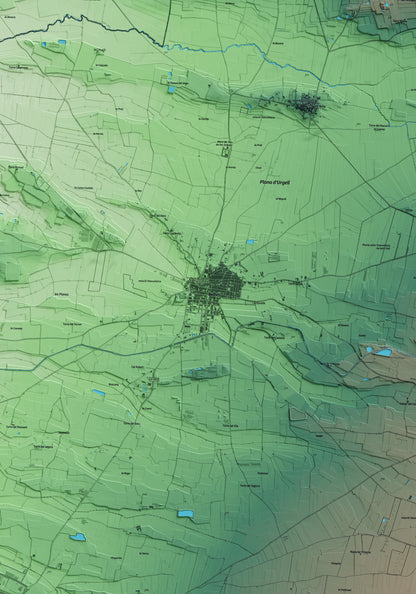 Mapa artístico del relieve de Bellvís, en el Pla d'Urgell, con 15 km de entorno y base topográfica ICGC. Detalle de la zona central.