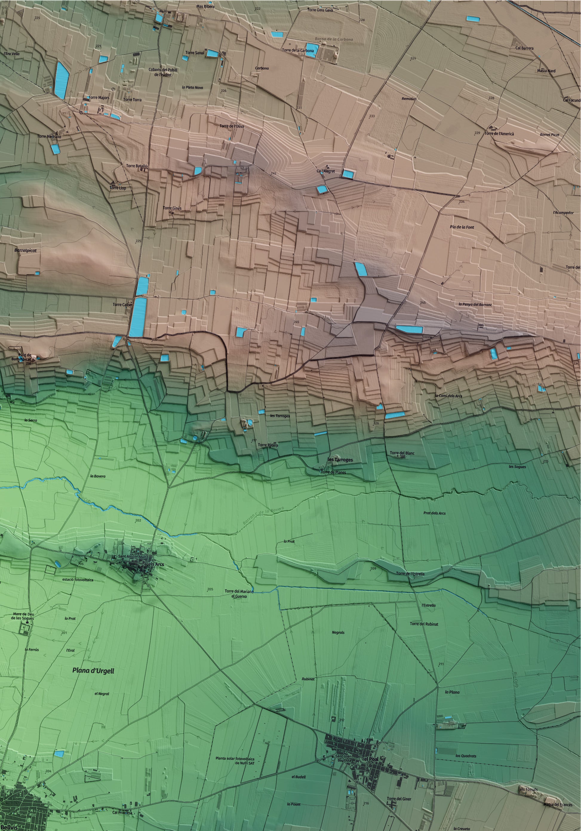 Mapa artístico del relieve de Bellvís, en el Pla d'Urgell, con 15 km de entorno y base topográfica ICGC. Detalle de la zona superior derecha.