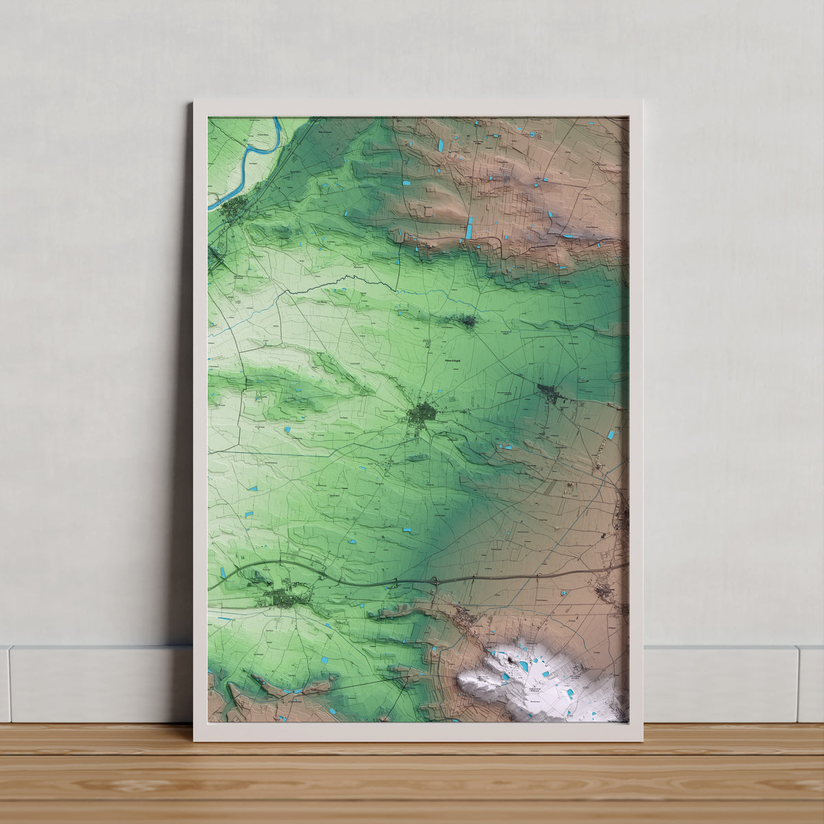 Mapa artístico del relieve de Bellvís, en el Pla d'Urgell, con 15 km de entorno y base topográfica ICGC. Presentación enmarcada.