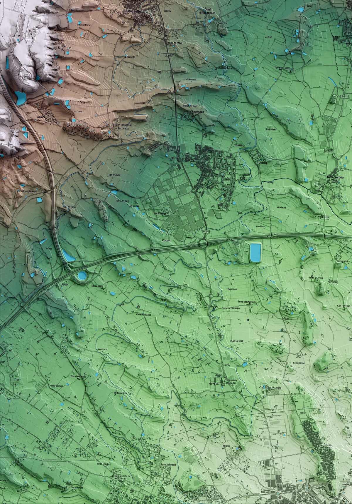 Mapa artístico del relieve de Benavent de Segrià, al Segrià, con 15 km de entorno y base topográfica ICGC. Detalle de la zona inferior izquierda.