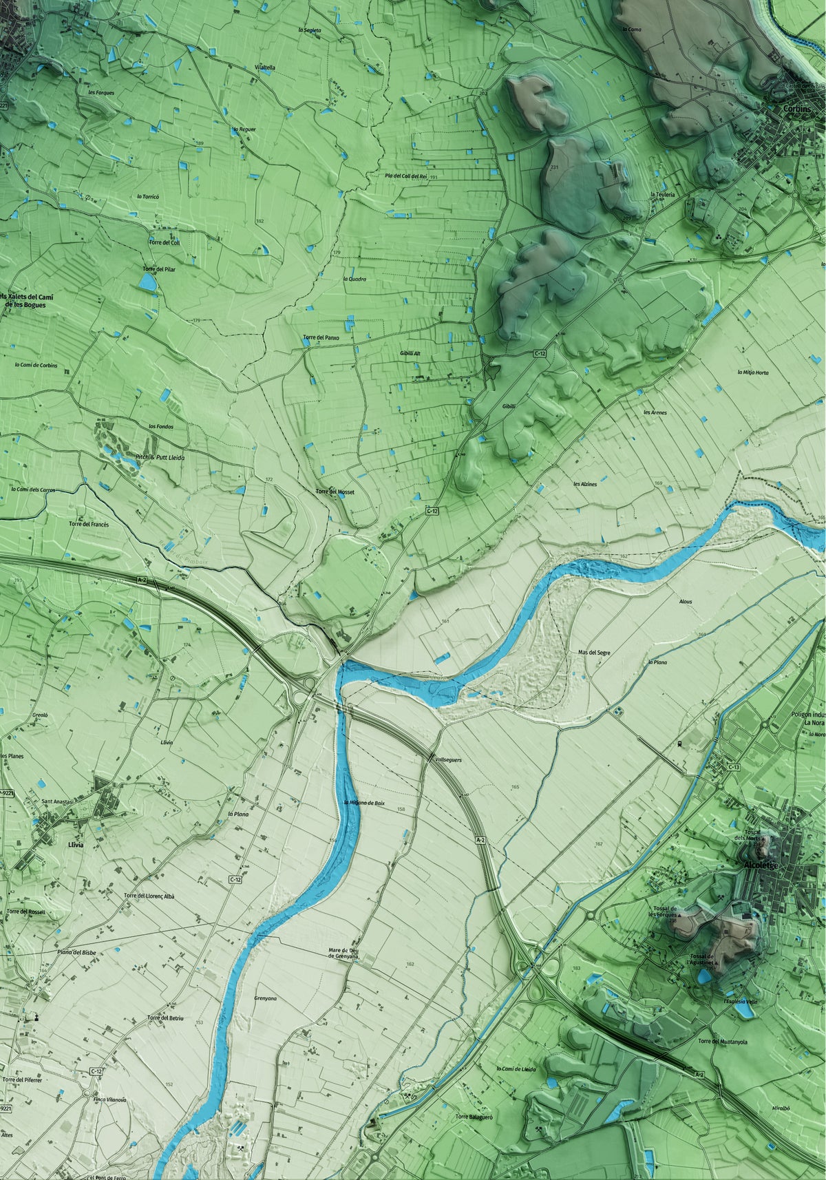 Mapa artístico del relieve de Benavent de Segrià, al Segrià, con 15 km de entorno y base topográfica ICGC. Detalle de la zona inferior derecha.