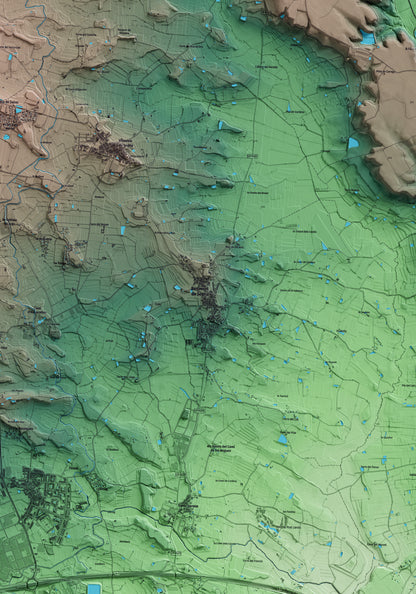 Mapa artístico del relieve de Benavent de Segrià, al Segrià, con 15 km de entorno y base topográfica ICGC. Detalle de la zona central.