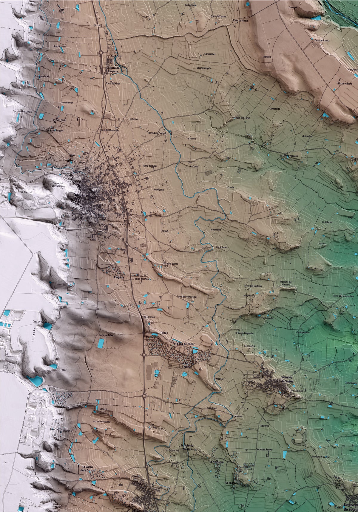 Mapa artístico del relieve de Benavent de Segrià, al Segrià, con 15 km de entorno y base topográfica ICGC. Detalle de la zona superior izquierda.