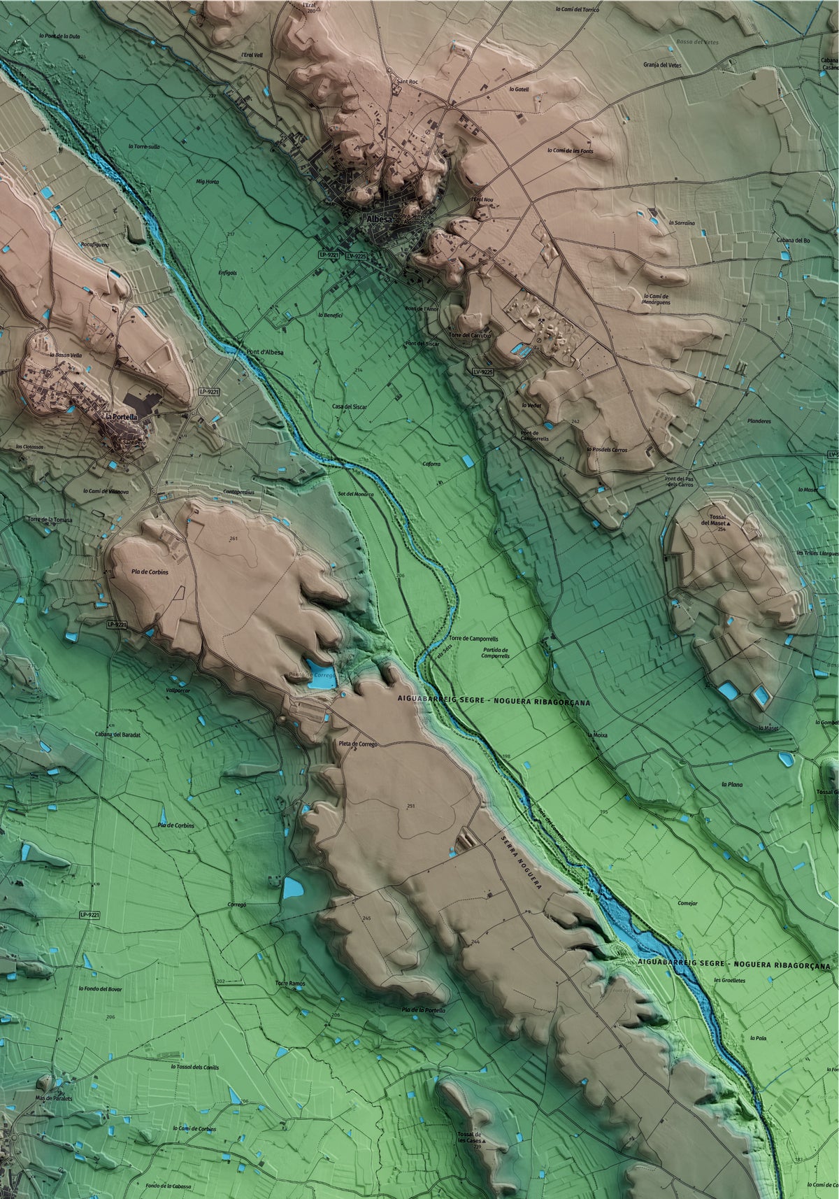 Mapa artístico del relieve de Benavent de Segrià, al Segrià, con 15 km de entorno y base topográfica ICGC. Detalle de la zona superior derecha.