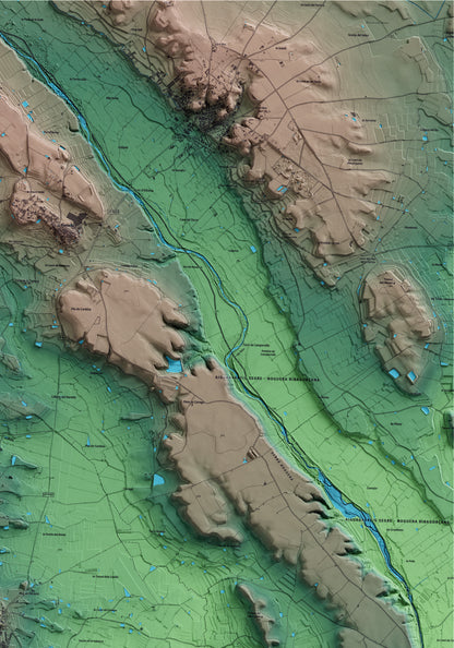 Mapa artístico del relieve de Benavent de Segrià, al Segrià, con 15 km de entorno y base topográfica ICGC. Detalle de la zona superior derecha.