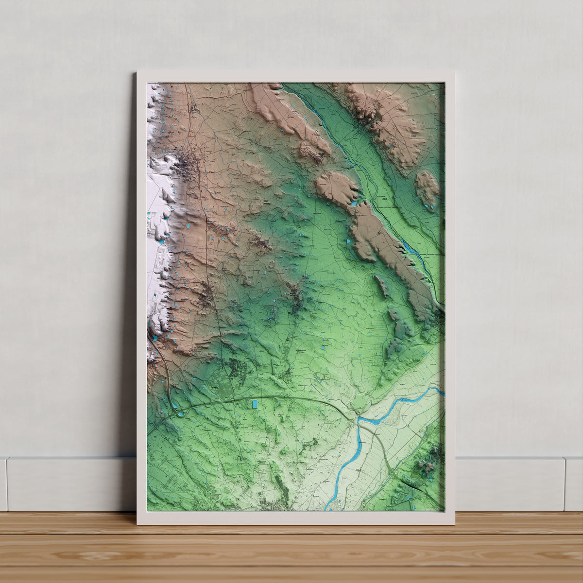 Mapa artístico del relieve de Benavent de Segrià, al Segrià, con 15 km de entorno y base topográfica ICGC. Presentación enmarcada.