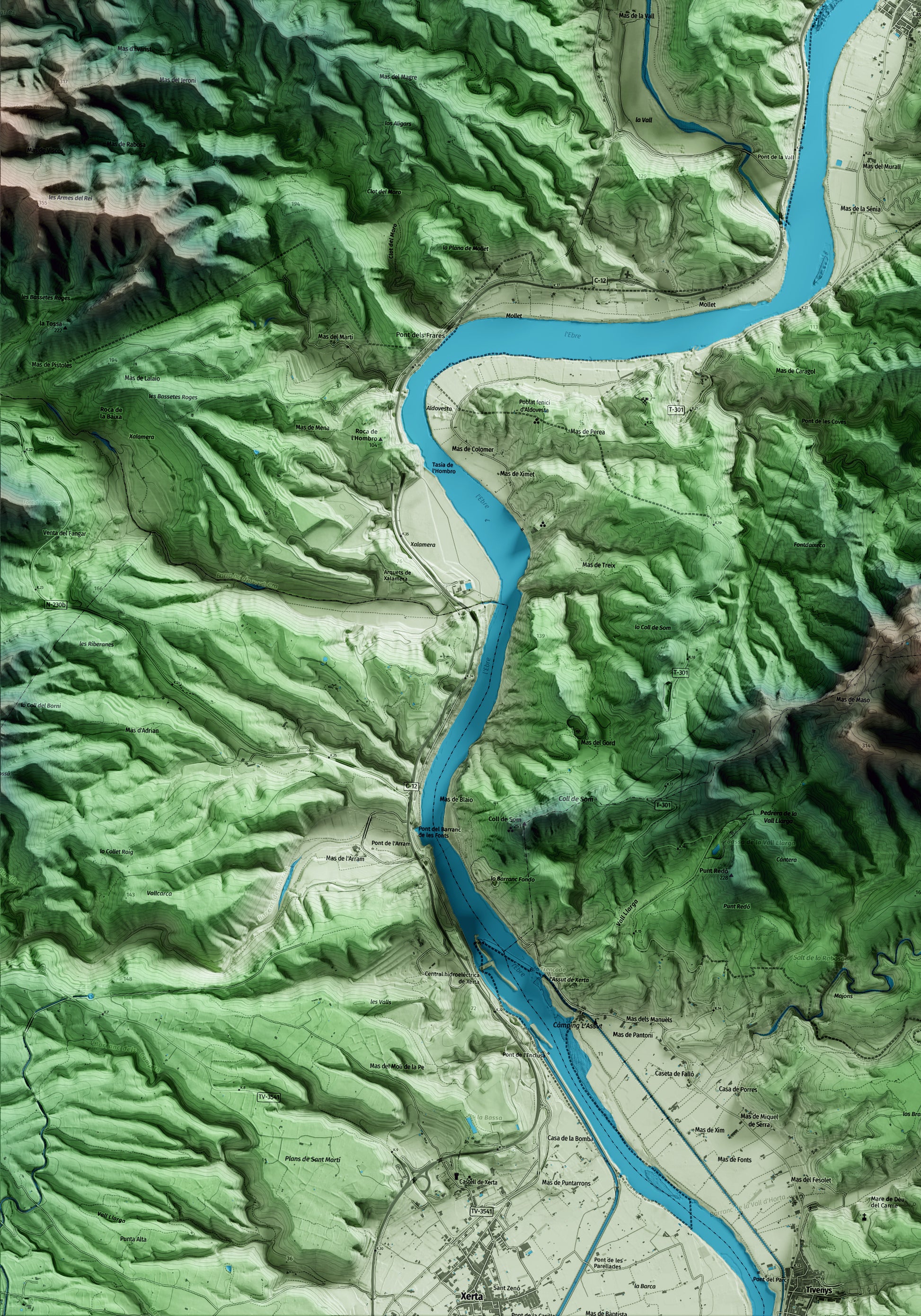 Mapa artístico del relieve de Benifallet, al Baix Ebre, con 15 km de entorno y base topográfica ICGC. Detalle de la zona inferior izquierda.