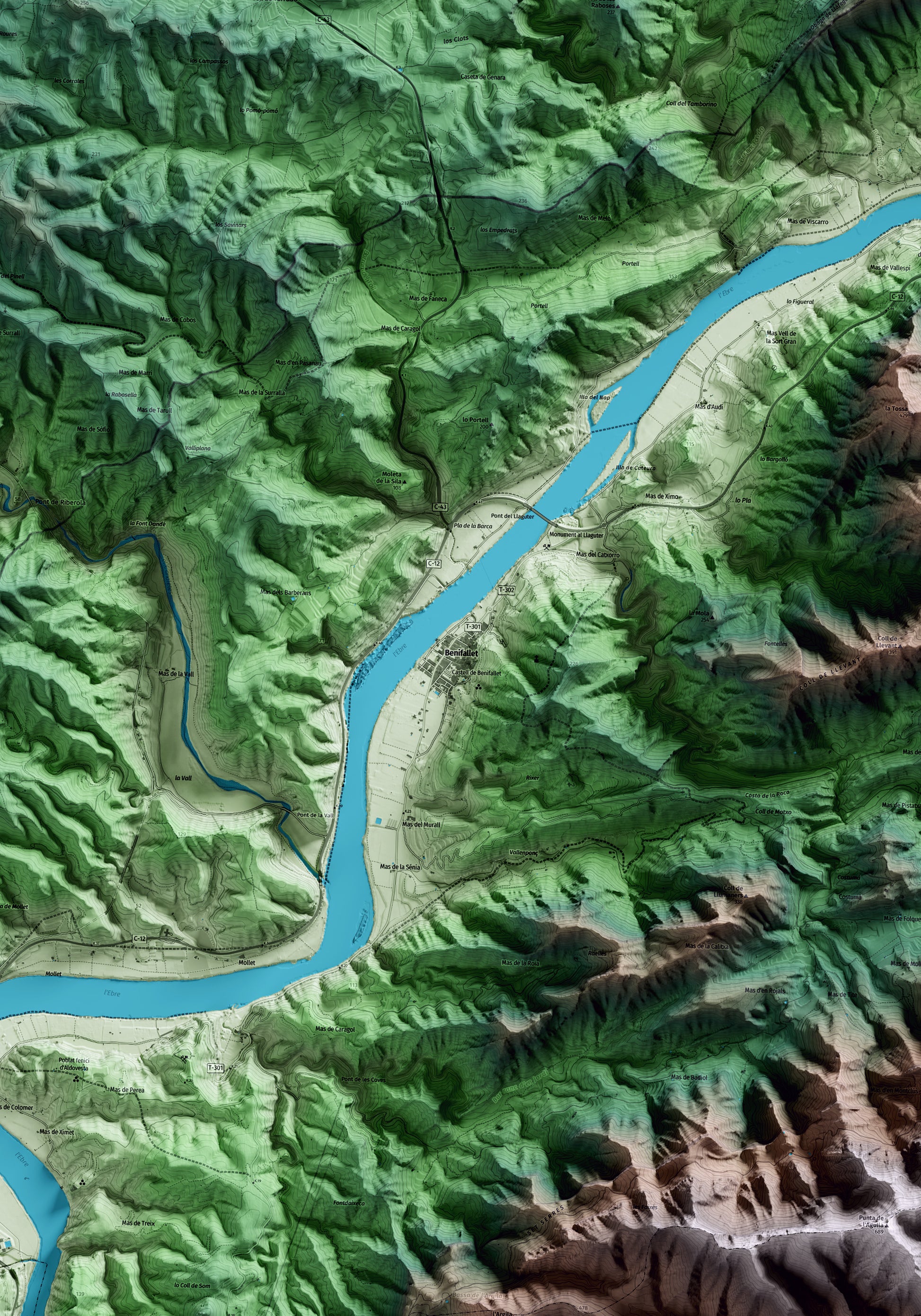 Mapa artístico del relieve de Benifallet, al Baix Ebre, con 15 km de entorno y base topográfica ICGC. Detalle de la zona central.