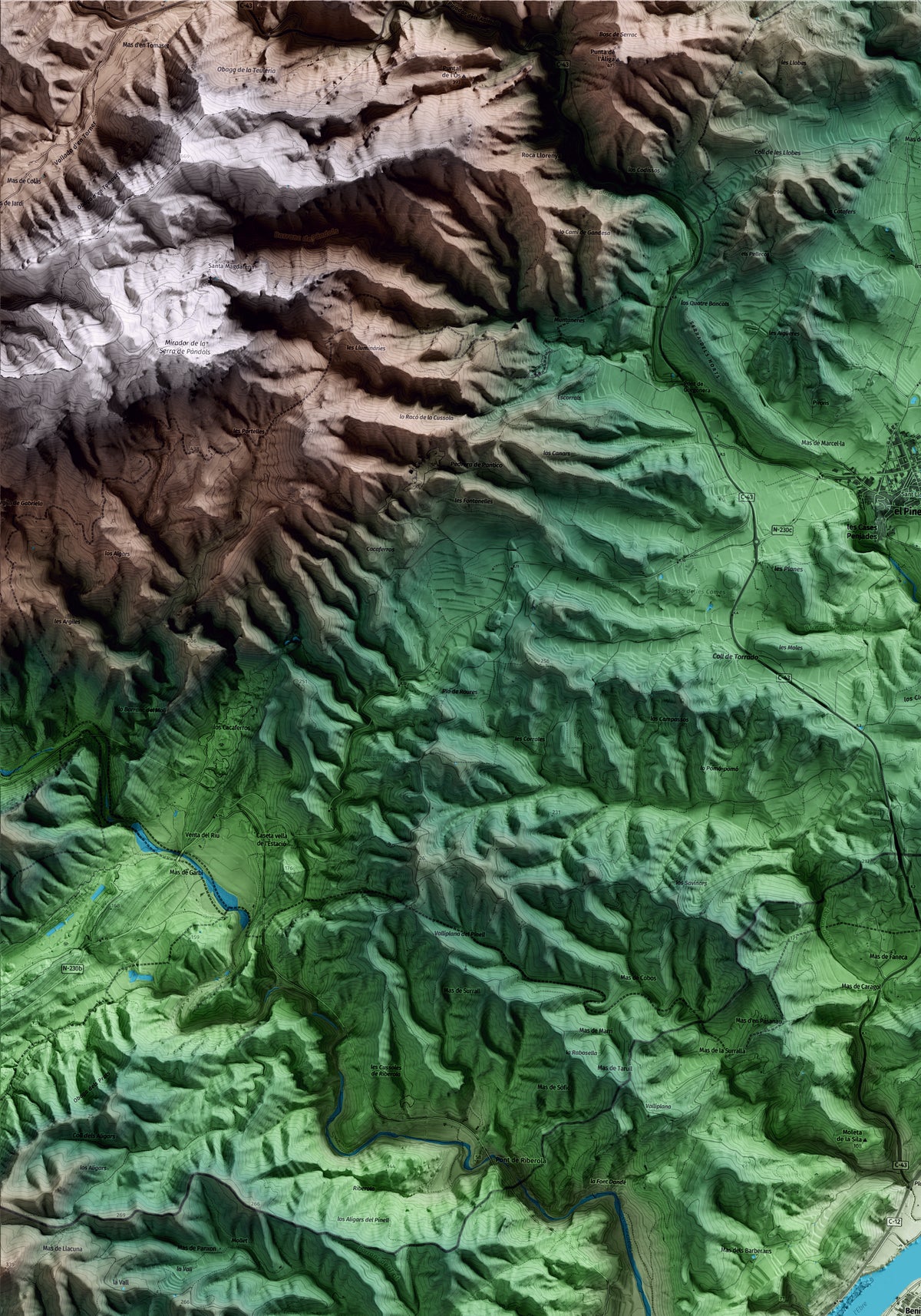 Mapa artístico del relieve de Benifallet, al Baix Ebre, con 15 km de entorno y base topográfica ICGC. Detalle de la zona superior izquierda.
