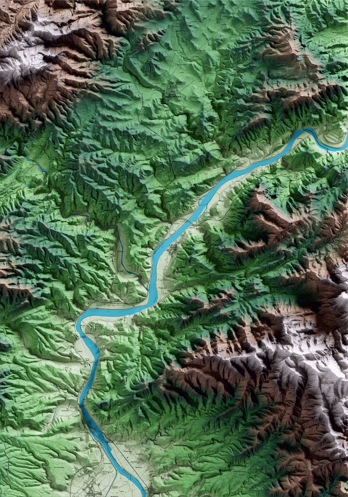 Mapa artístico del relieve de Benifallet, al Baix Ebre, con 15 km de entorno y base topográfica ICGC