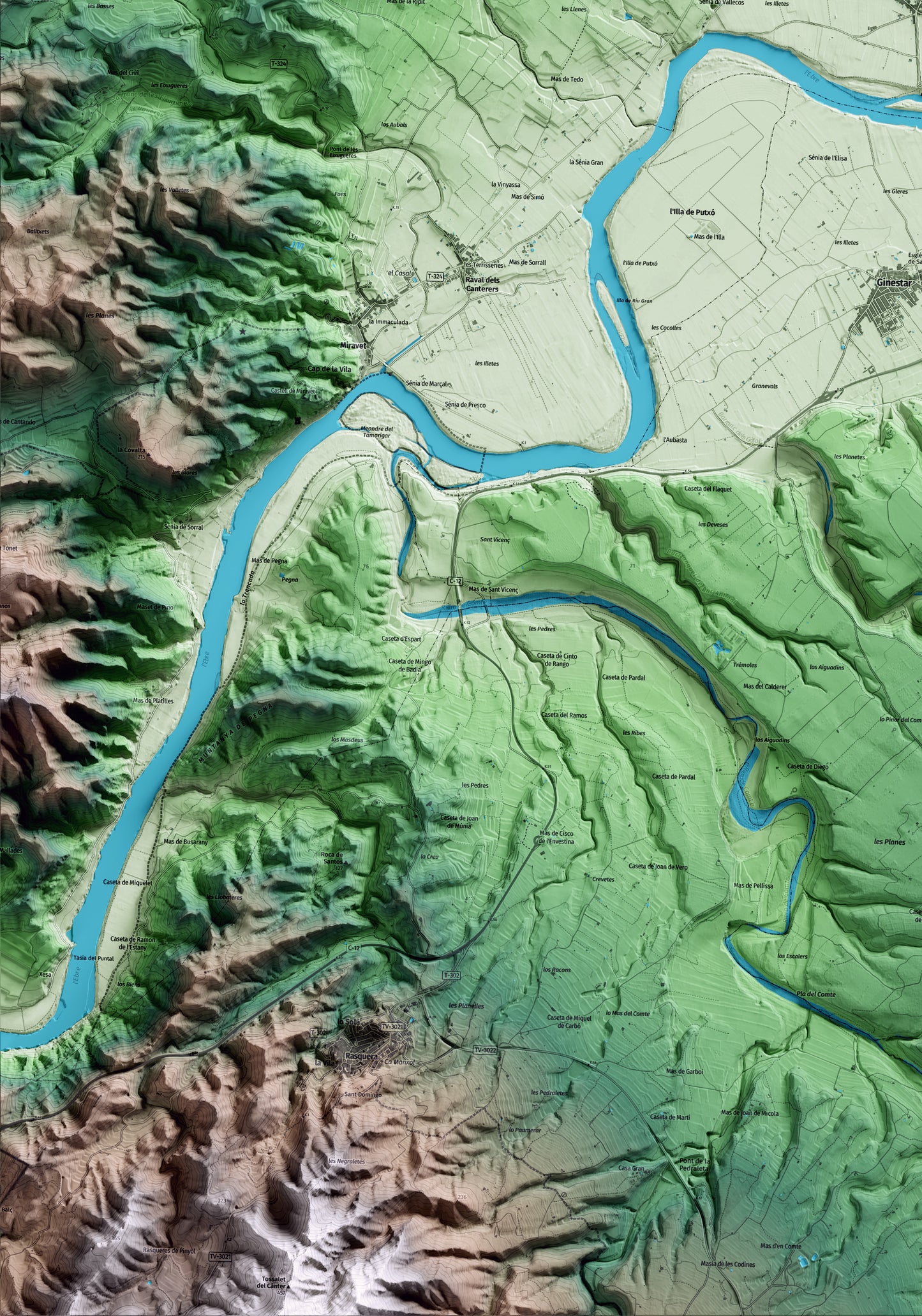 Mapa artístico del relieve de Benissanet, a la Ribera de Ebro, con 15 km de entorno y base topográfica ICGC. Detalle de la zona inferior izquierda.