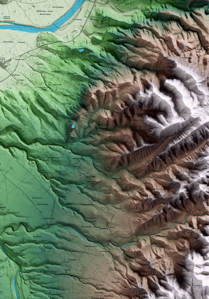 Mapa artístico del relieve de Benissanet, a la Ribera de Ebro, con 15 km de entorno y base topográfica ICGC. Detalle de la zona inferior derecha.