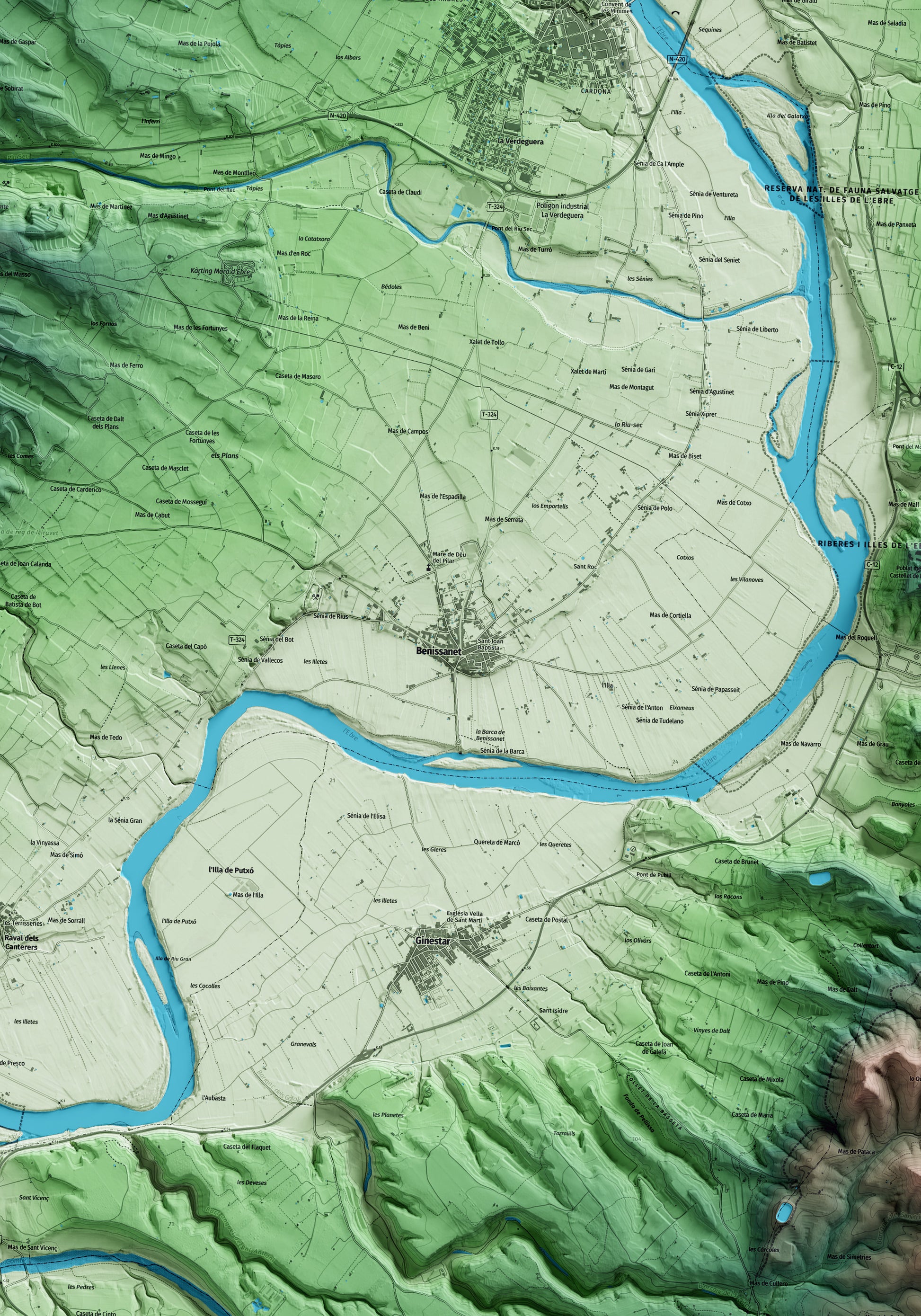 Mapa artístico del relieve de Benissanet, a la Ribera de Ebro, con 15 km de entorno y base topográfica ICGC. Detalle de la zona central.