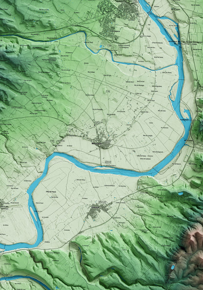 Mapa artístico del relieve de Benissanet, a la Ribera de Ebro, con 15 km de entorno y base topográfica ICGC. Detalle de la zona central.