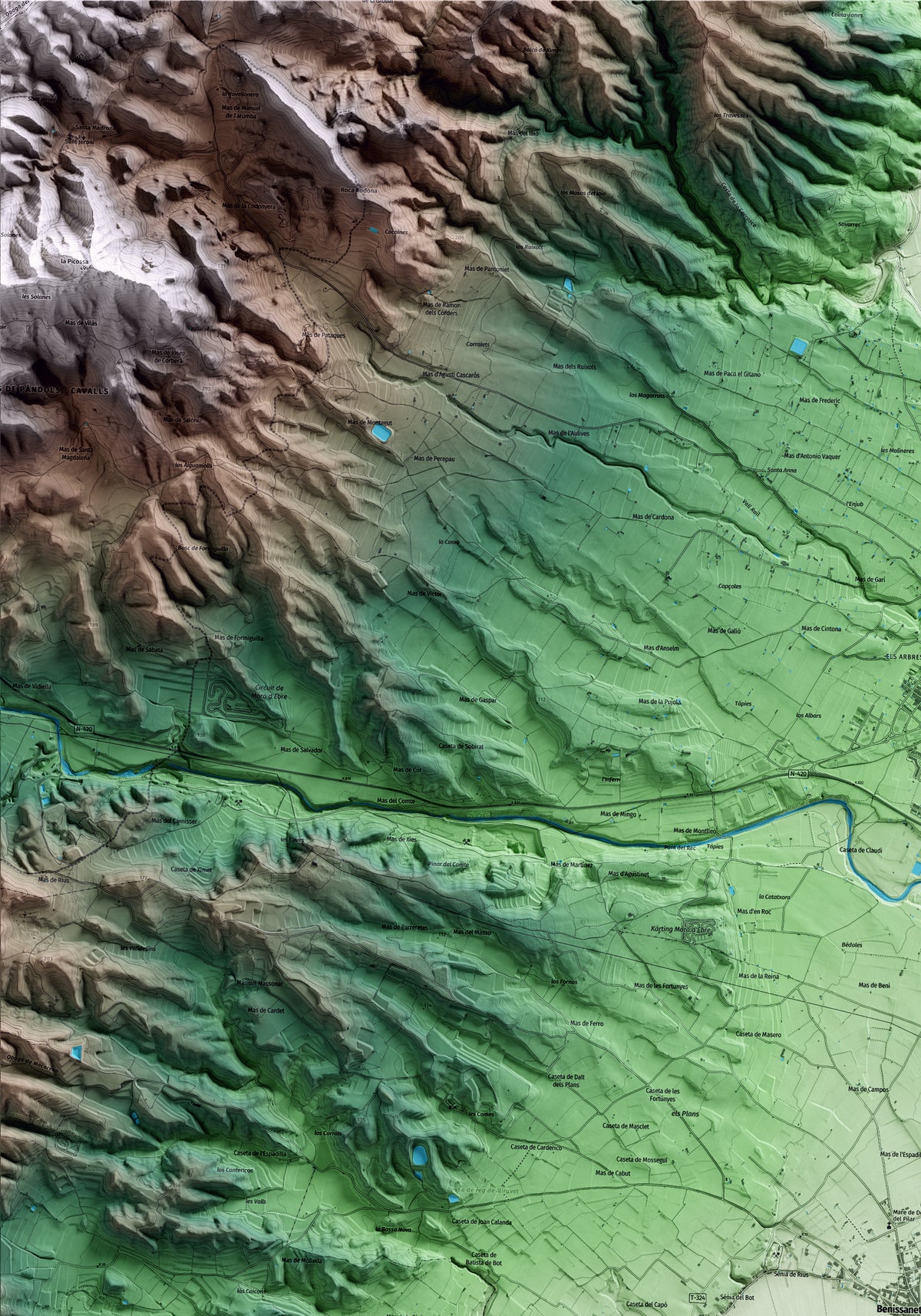 Mapa artístico del relieve de Benissanet, a la Ribera de Ebro, con 15 km de entorno y base topográfica ICGC. Detalle de la zona superior izquierda.