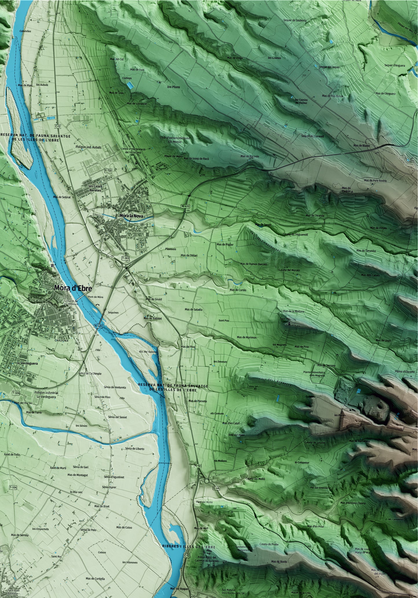 Mapa artístico del relieve de Benissanet, a la Ribera de Ebro, con 15 km de entorno y base topográfica ICGC. Detalle de la zona superior derecha.