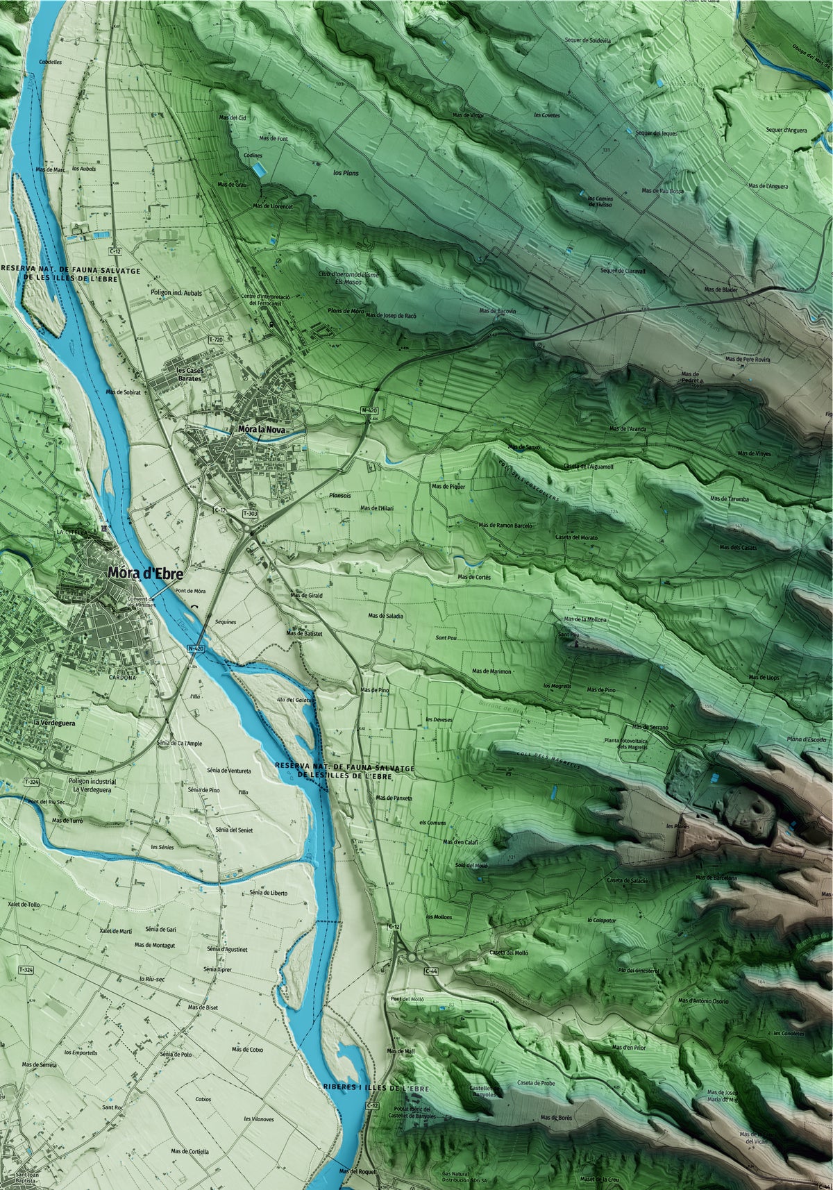 Mapa artístico del relieve de Benissanet, a la Ribera de Ebro, con 15 km de entorno y base topográfica ICGC. Detalle de la zona superior derecha.