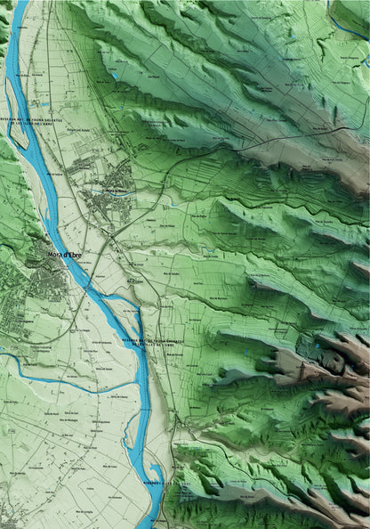 Mapa artístico del relieve de Benissanet, a la Ribera de Ebro, con 15 km de entorno y base topográfica ICGC. Detalle de la zona superior derecha.
