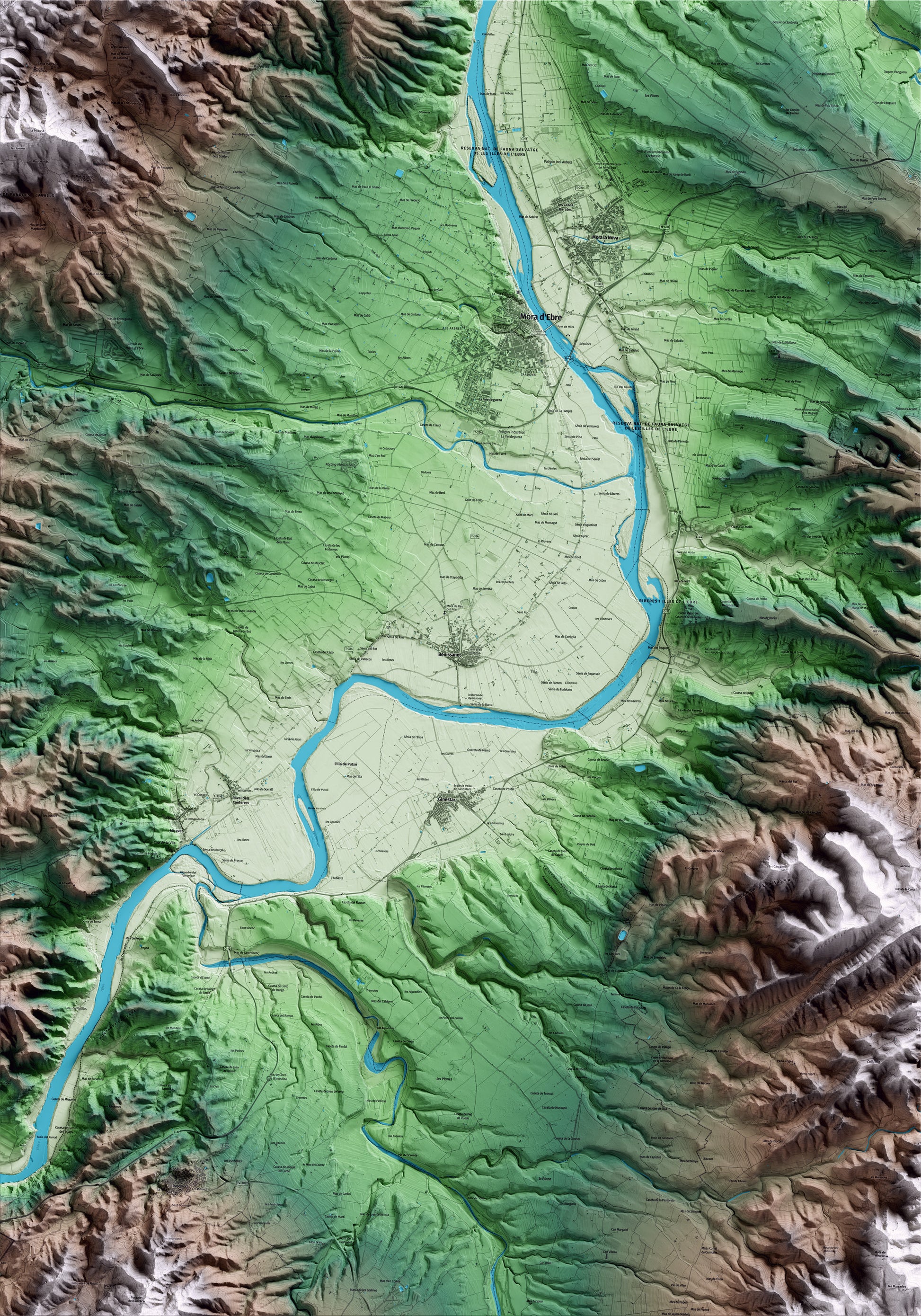 Mapa artístico del relieve de Benissanet, a la Ribera de Ebro, con 15 km de entorno y base topográfica ICGC