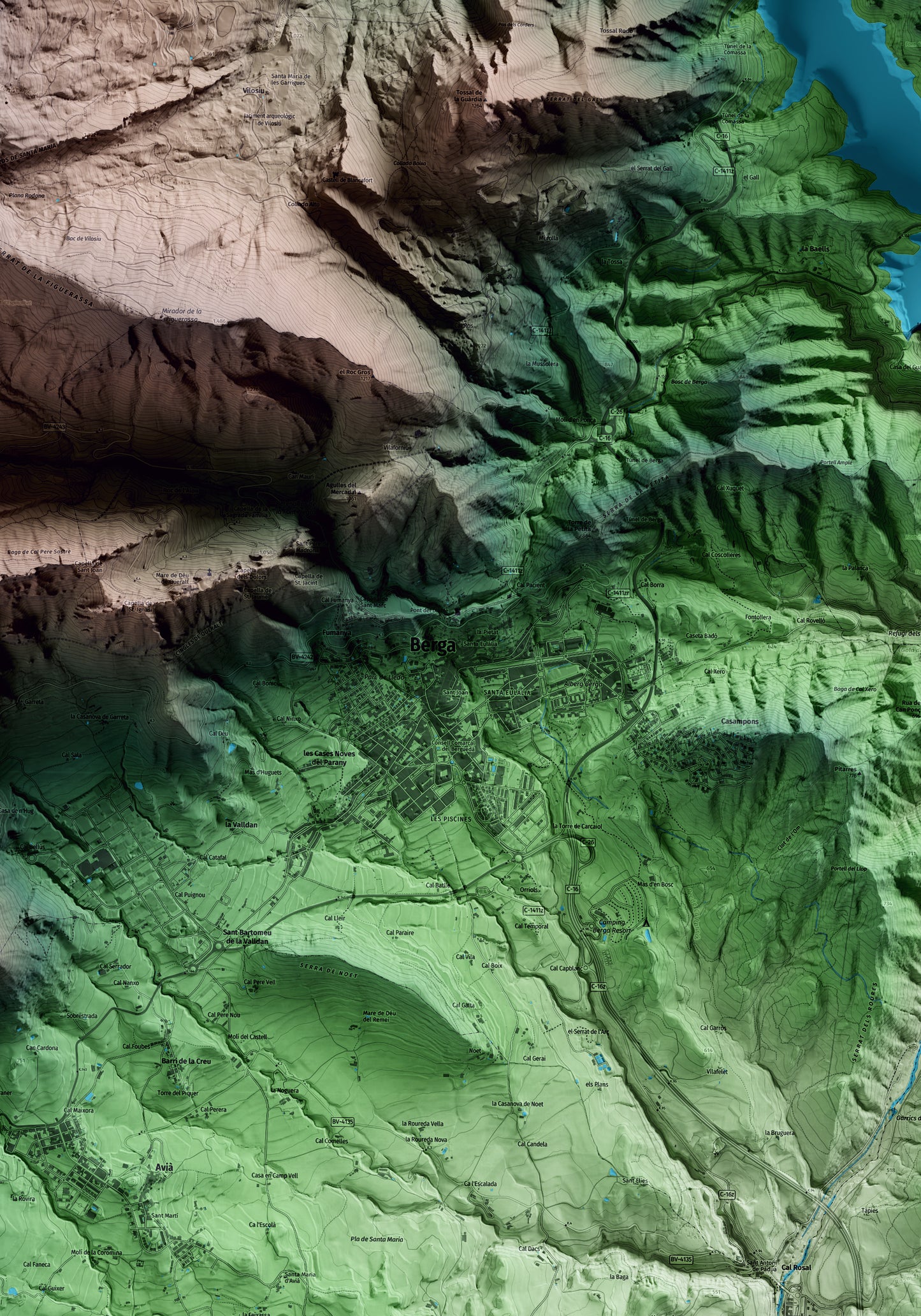 Mapa artístico del relieve de Berga, al Berguedà, con 15 km de entorno y base topográfica ICGC. Detalle de la zona central.