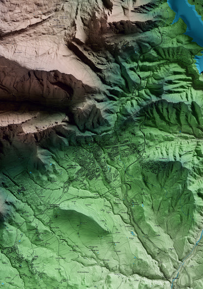 Mapa artístico del relieve de Berga, al Berguedà, con 15 km de entorno y base topográfica ICGC. Detalle de la zona central.