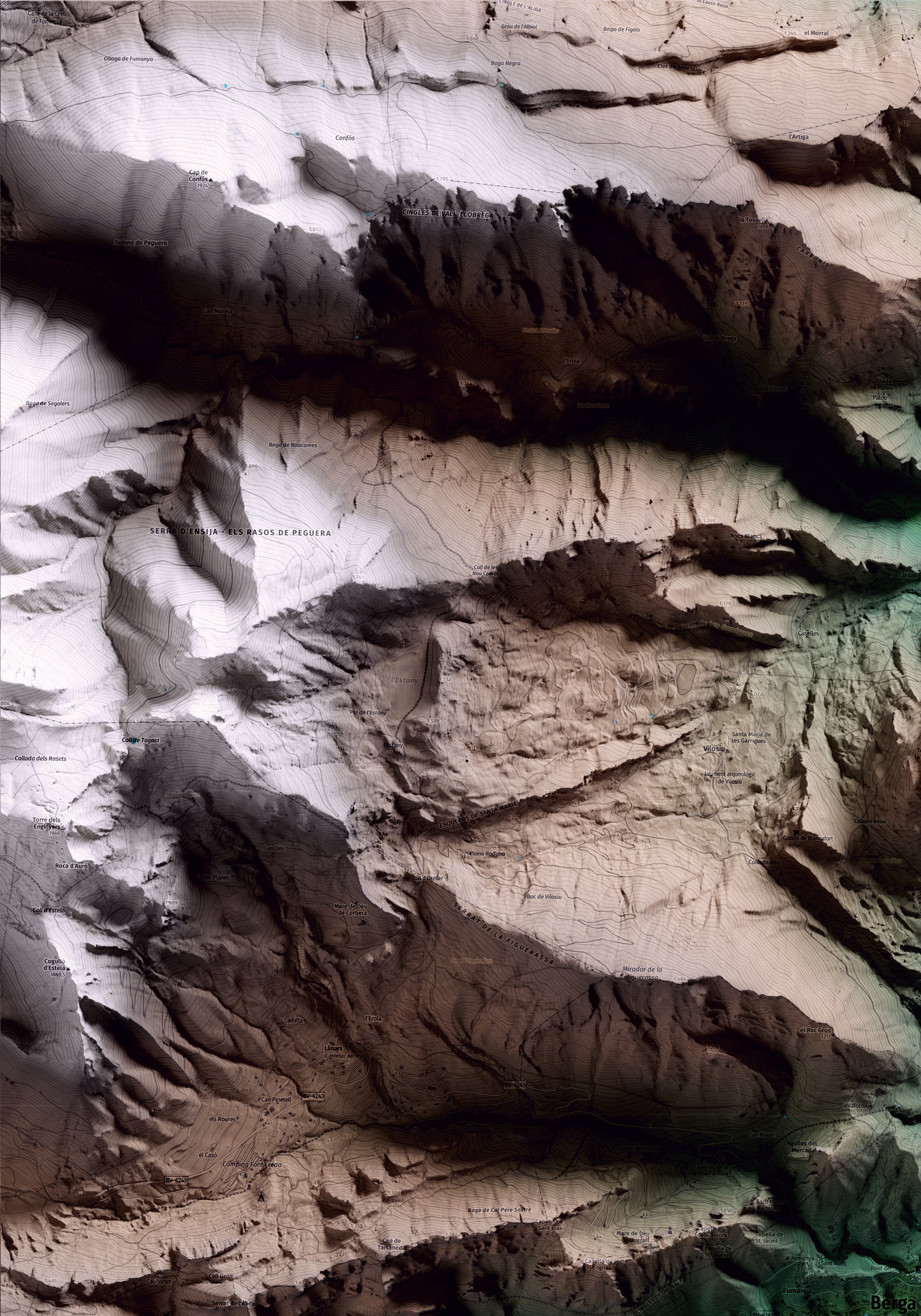 Mapa artístico del relieve de Berga, al Berguedà, con 15 km de entorno y base topográfica ICGC. Detalle de la zona superior izquierda.