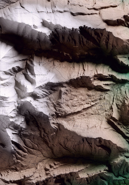 Mapa artístico del relieve de Berga, al Berguedà, con 15 km de entorno y base topográfica ICGC. Detalle de la zona superior izquierda.