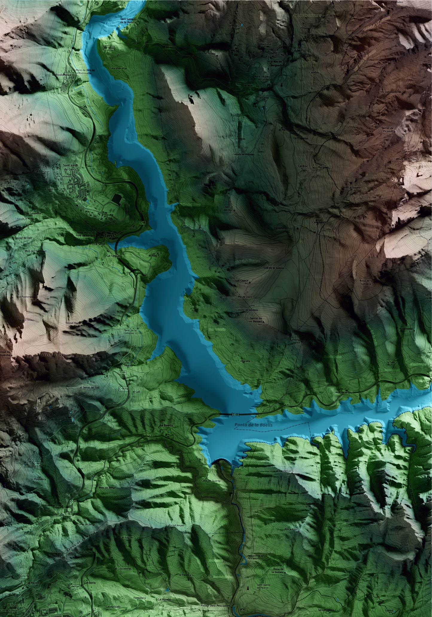 Mapa artístico del relieve de Berga, al Berguedà, con 15 km de entorno y base topográfica ICGC. Detalle de la zona superior derecha.
