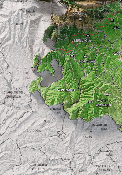 Mapa de relieve del Berguedà, con el territorio en color y el entorno en blanco. Detalle de la zona inferior izquierda. 21 × 30 cm. Estilo Clásico.