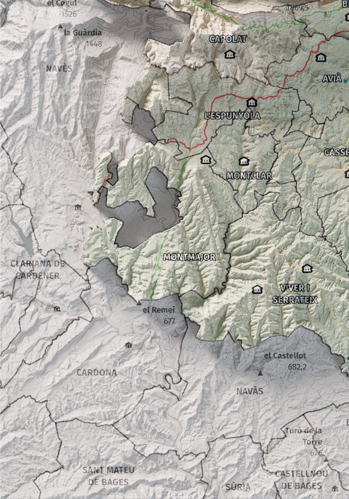 Mapa de relieve del Berguedà, con el territorio en color y el entorno en blanco. Detalle de la zona inferior izquierda. 21 × 30 cm. Estilo Cartográfico.