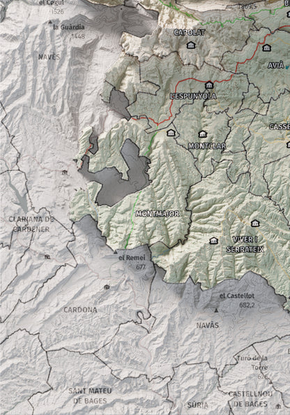 Mapa de relieve del Berguedà, con el territorio en color y el entorno en blanco. Detalle de la zona inferior izquierda. 21 × 30 cm. Estilo Cartográfico.