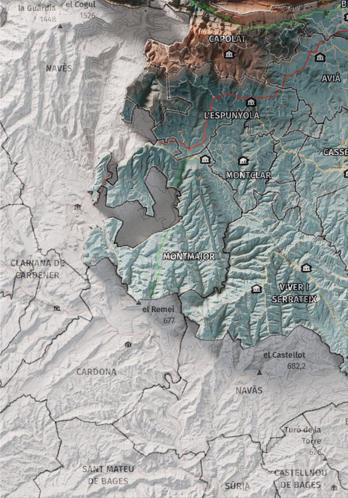 Mapa de relieve del Berguedà, con el territorio en color y el entorno en blanco. Detalle de la zona inferior izquierda. 21 × 30 cm. Estilo Azul y naranja.