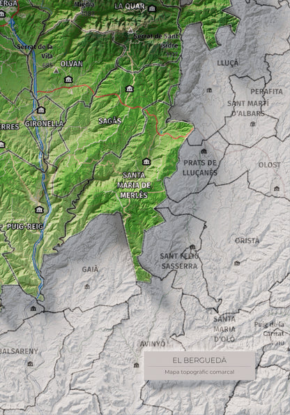 Mapa de relieve del Berguedà, con el territorio en color y el entorno en blanco. Detalle de la zona inferior derecha. 21 × 30 cm. Estilo Clásico.