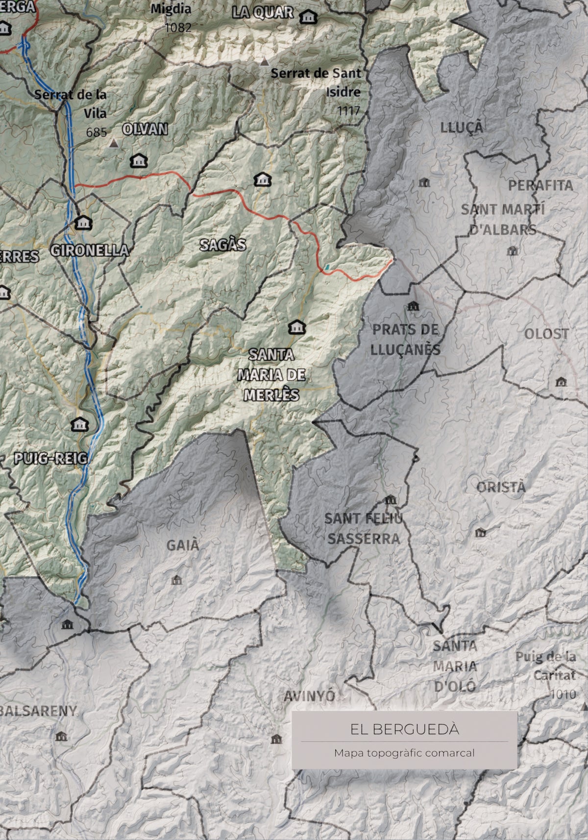 Mapa de relieve del Berguedà, con el territorio en color y el entorno en blanco. Detalle de la zona inferior derecha. 21 × 30 cm. Estilo Cartográfico.
