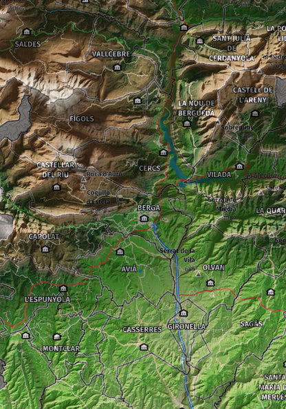 Mapa de relieve del Berguedà, con el territorio en color y el entorno en blanco. Detalle de la zona central. 21 × 30 cm. Estilo Clásico.