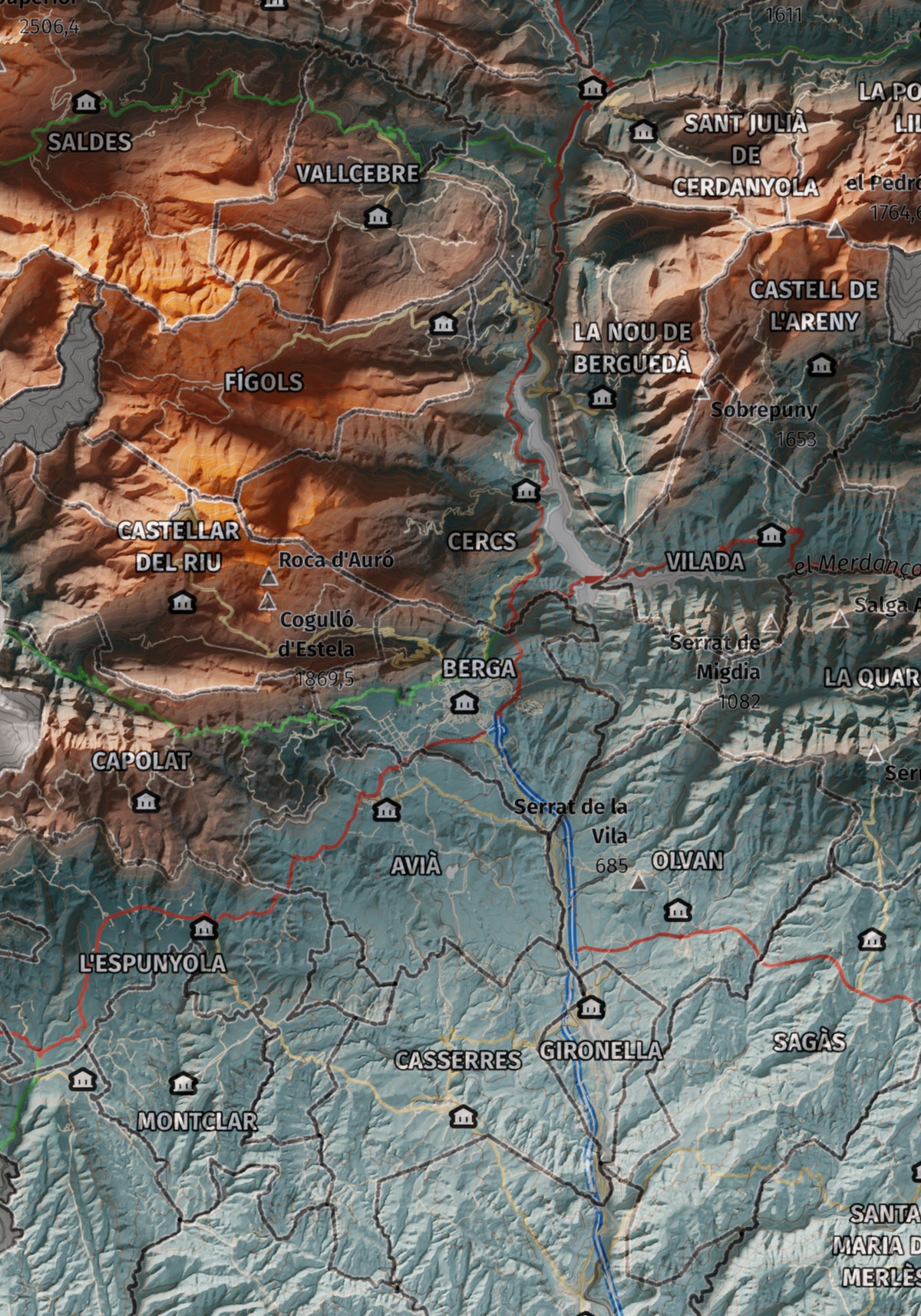 Mapa de relieve del Berguedà, con el territorio en color y el entorno en blanco. Detalle de la zona central. 21 × 30 cm. Estilo Azul y naranja.