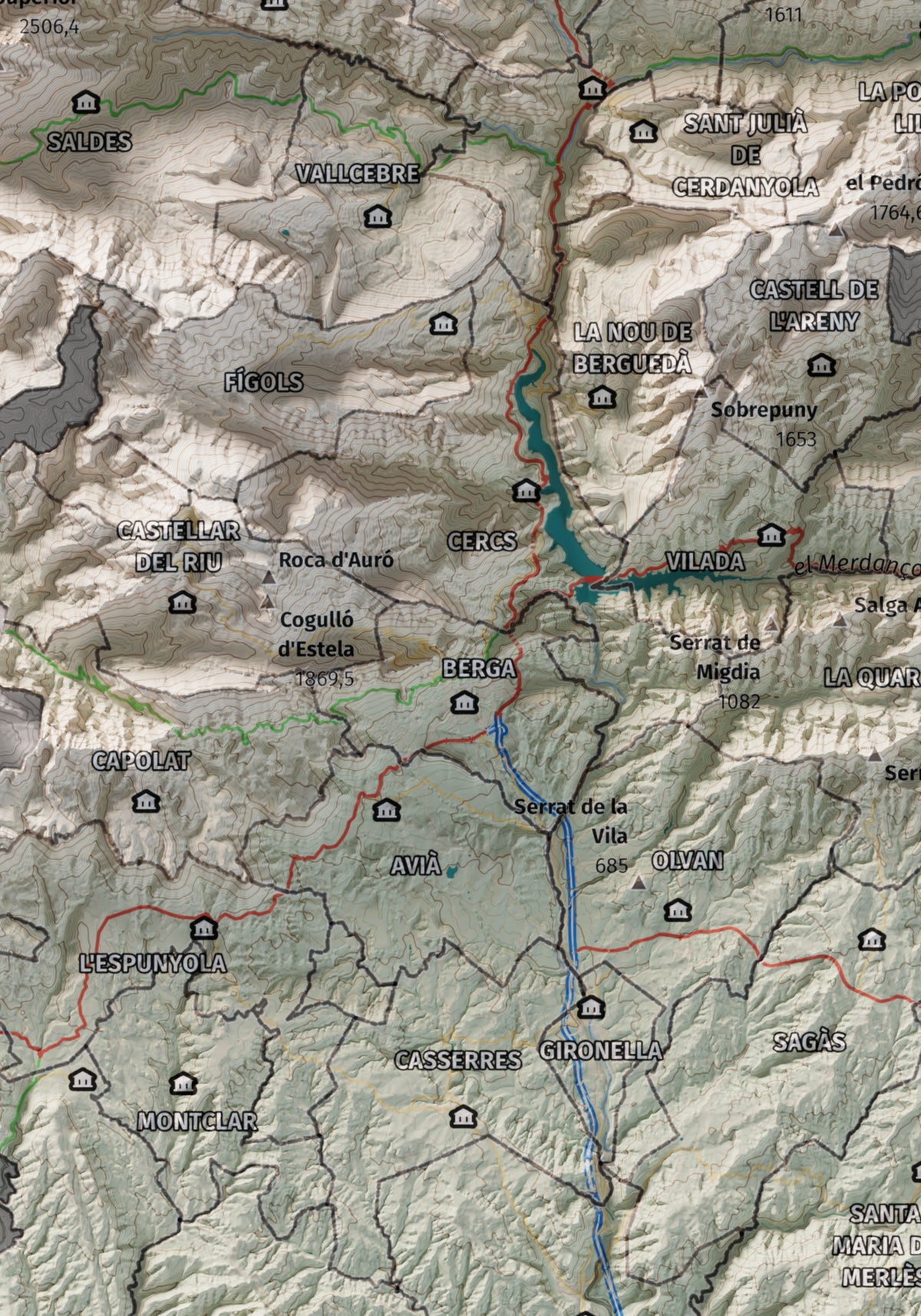 Mapa de relieve del Berguedà, con el territorio en color y el entorno en blanco. Detalle de la zona central. 21 × 30 cm. Estilo Cartográfico.