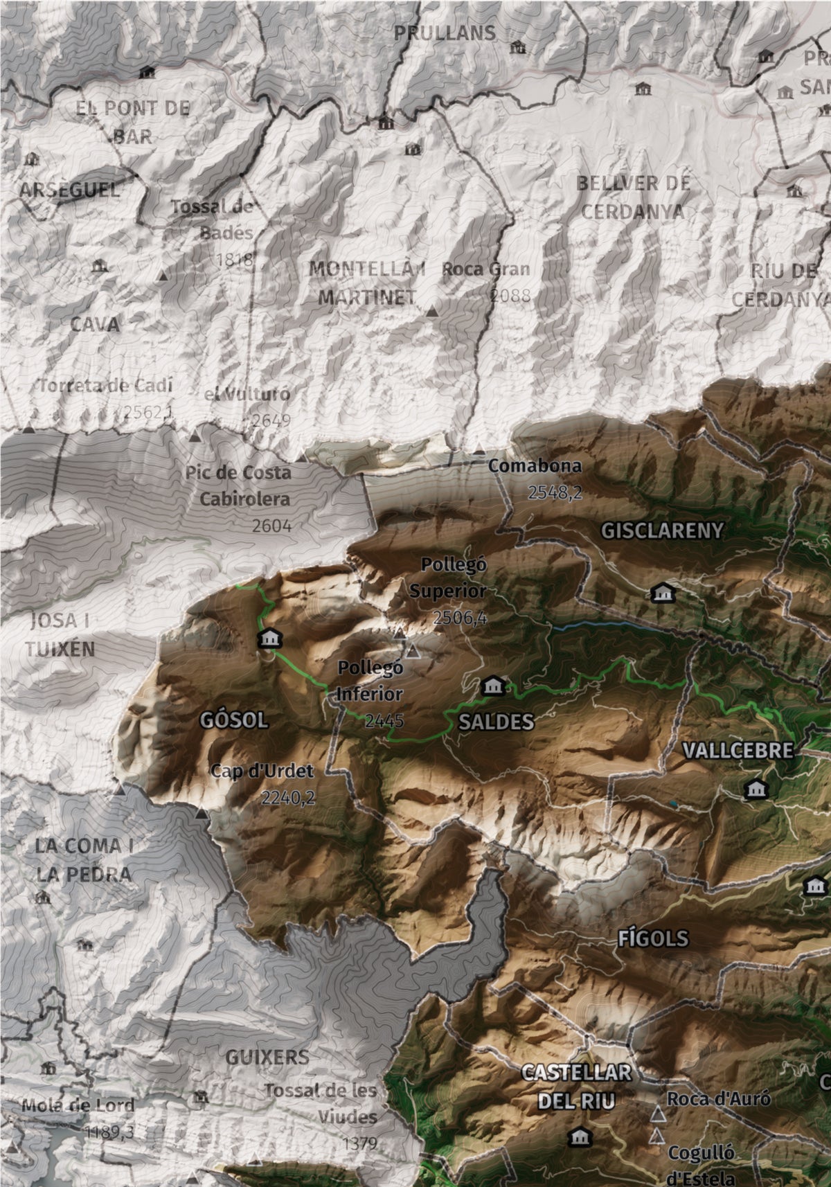 Mapa de relieve del Berguedà, con el territorio en color y el entorno en blanco. Detalle de la zona superior izquierda. 21 × 30 cm. Estilo Clásico.
