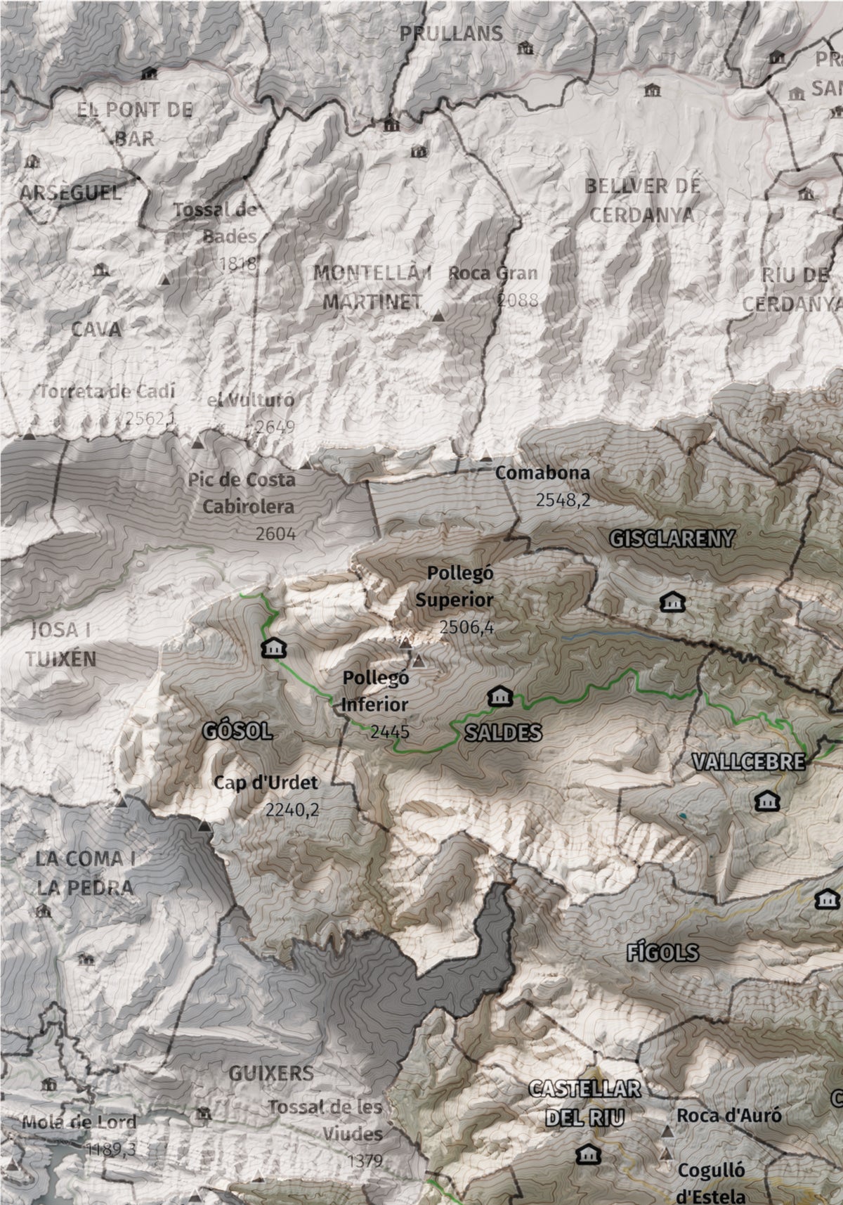 Mapa de relieve del Berguedà, con el territorio en color y el entorno en blanco. Detalle de la zona superior izquierda. 21 × 30 cm. Estilo Cartográfico.