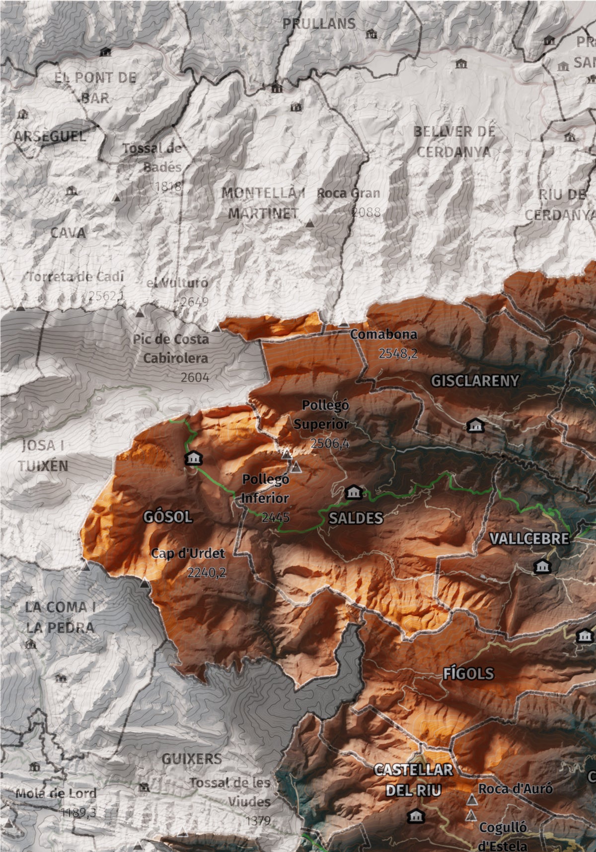 Mapa de relieve del Berguedà, con el territorio en color y el entorno en blanco. Detalle de la zona superior izquierda. 21 × 30 cm. Estilo Azul y naranja.