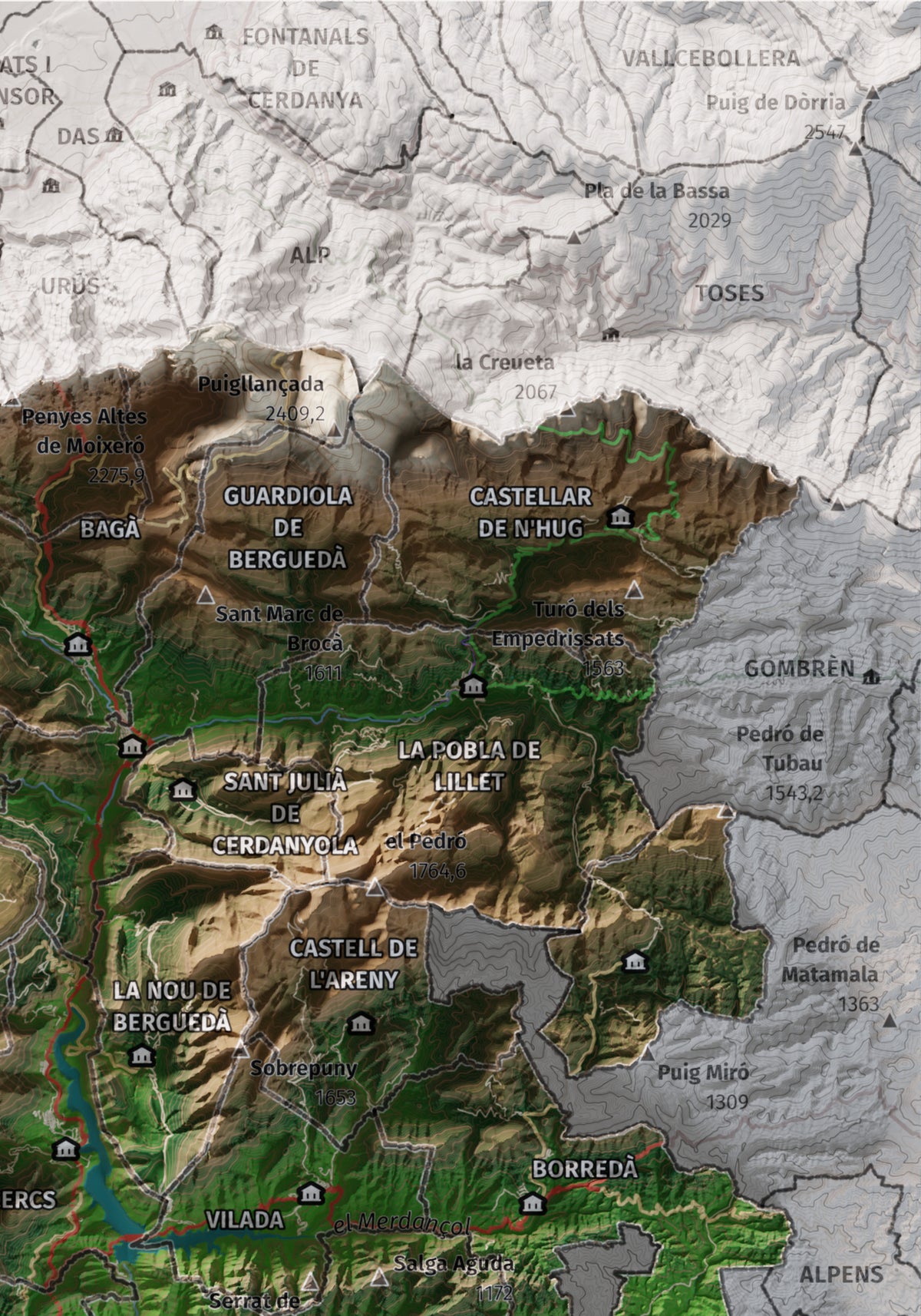 Mapa de relieve del Berguedà, con el territorio en color y el entorno en blanco. Detalle de la zona superior derecha. 21 × 30 cm. Estilo Clásico.