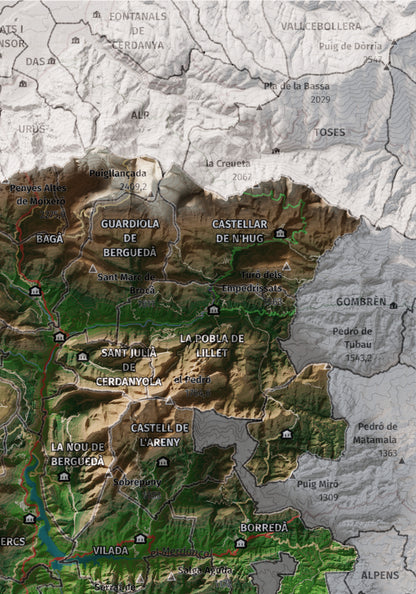 Mapa de relieve del Berguedà, con el territorio en color y el entorno en blanco. Detalle de la zona superior derecha. 21 × 30 cm. Estilo Clásico.