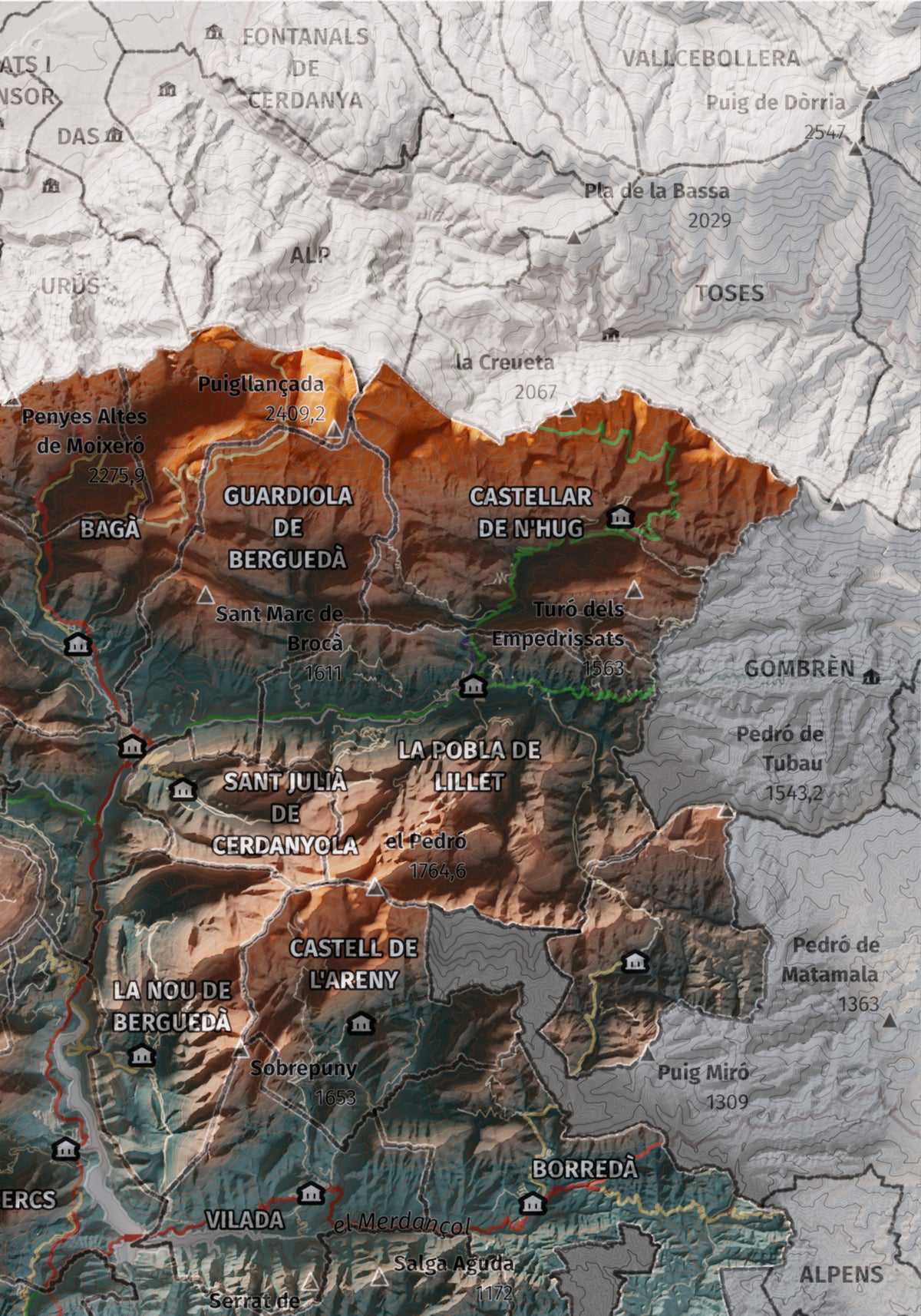 Mapa de relieve del Berguedà, con el territorio en color y el entorno en blanco. Detalle de la zona superior derecha. 21 × 30 cm. Estilo Azul y naranja.