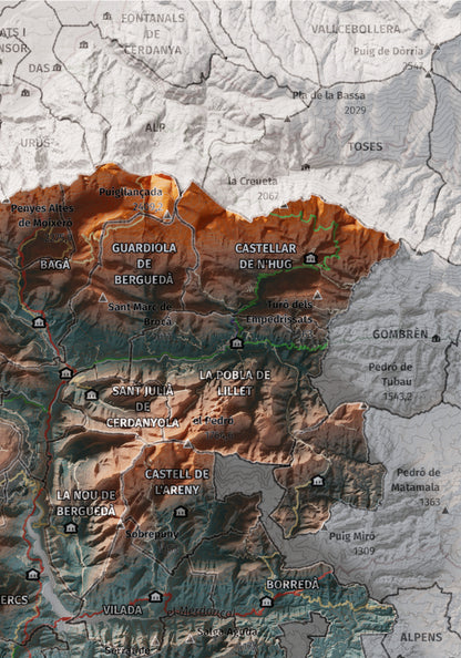 Mapa de relieve del Berguedà, con el territorio en color y el entorno en blanco. Detalle de la zona superior derecha. 21 × 30 cm. Estilo Azul y naranja.