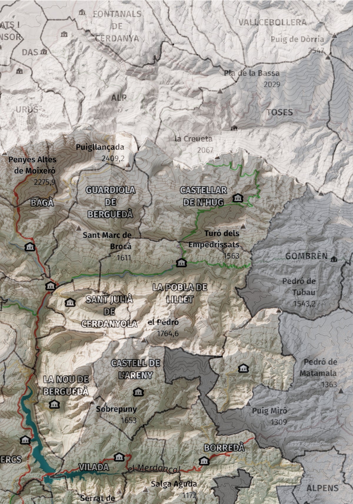 Mapa de relieve del Berguedà, con el territorio en color y el entorno en blanco. Detalle de la zona superior derecha. 21 × 30 cm. Estilo Cartográfico.
