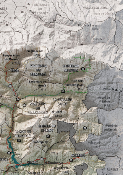 Mapa de relieve del Berguedà, con el territorio en color y el entorno en blanco. Detalle de la zona superior derecha. 21 × 30 cm. Estilo Cartográfico.